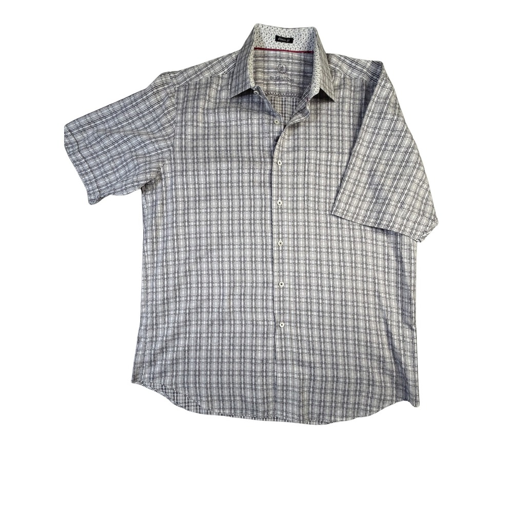 Bugatchi Uomo Mens Classic Fit Short Sleeve Button Down Shirt Plaid Cotton XL
